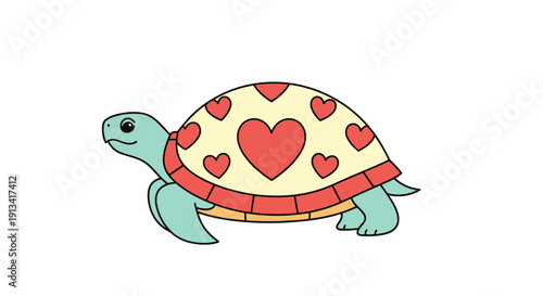 Cute cartoon turtle with heart-patterned shell walking to the left on white background in playful flat style for Valentine's Day or love-themed designs and children's educational materials