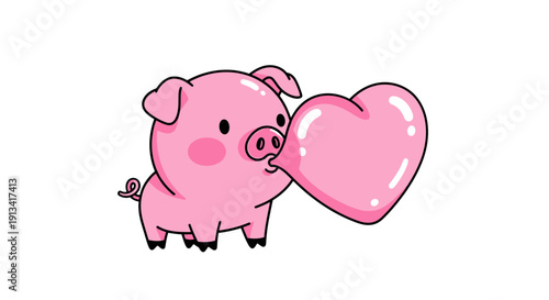 Cute pink cartoon piglet holding big shiny heart symbol on white background, playful Valentine's Day themed digital art with simple lines and pastel colors, sweet expression