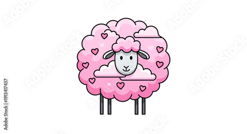 Cute pink sheep with hearts, standing alone, kawaii style, Valentine's Day theme, adorable farm animal, white background