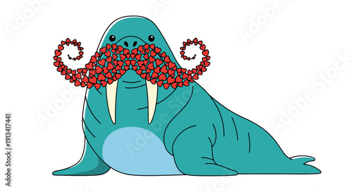 Whimsical turquoise walrus with red polka-dotted tentacles covering its tusks and nose in a playful, cartoonish, humorous aquatic scene with a flat design style on a white background
