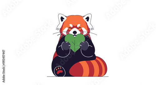 Cute red panda bear sitting and eating leaf, colorful flat design, wildlife animal character, vector graphic, adorable mammal creature holding green foliage