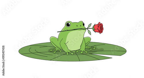 A cute cartoon frog sitting on a lily pad holding a red rose in its mouth in a playful and romantic scene with a minimalist flat artistic style in a whimsical garden context.