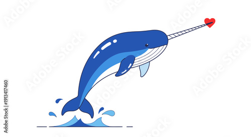 A stylized blue whale jumping out of water with a Valentine's Day-themed syringe injecting a red heart, digital art, whimsical, playful, romantic gesture, aquatic mammal, fantasy creature.