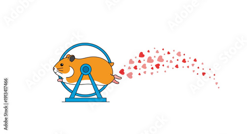 A cute orange hamster running on a blue exercise wheel with love hearts trailing behind, in a colorful cartoon style, symbolizing love for fitness and playfulness in a fun, whimsical context