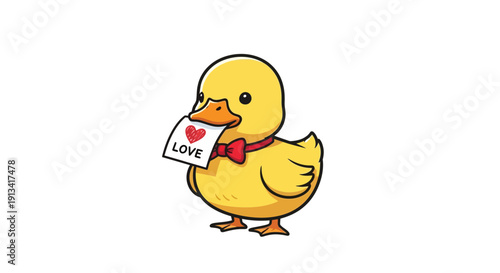 Cute cartoon yellow duckling holding a love note with a heart and bow, in a playful simplistic digital art style for Valentine's Day or romantic greeting card concept.