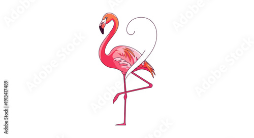 Vibrant pink flamingo standing on one leg in playful, hand-drawn, minimalist art style, against plain white background, symbolizing tropical wildlife, freedom, and exotic travel destinations