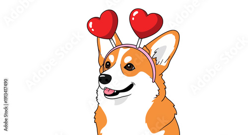 Corgi dog wearing red heart headband, smiling, cartoon style, Valentine's Day theme, festive, cute, animal portrait