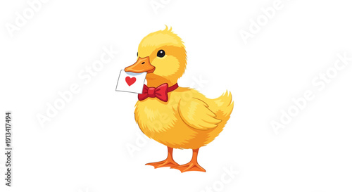 Adorable yellow duckling wearing red bowtie holding Valentine's Day card with heart symbol, cute cartoon character, digital graphic, sweet gesture, festive atmosphere, love concept