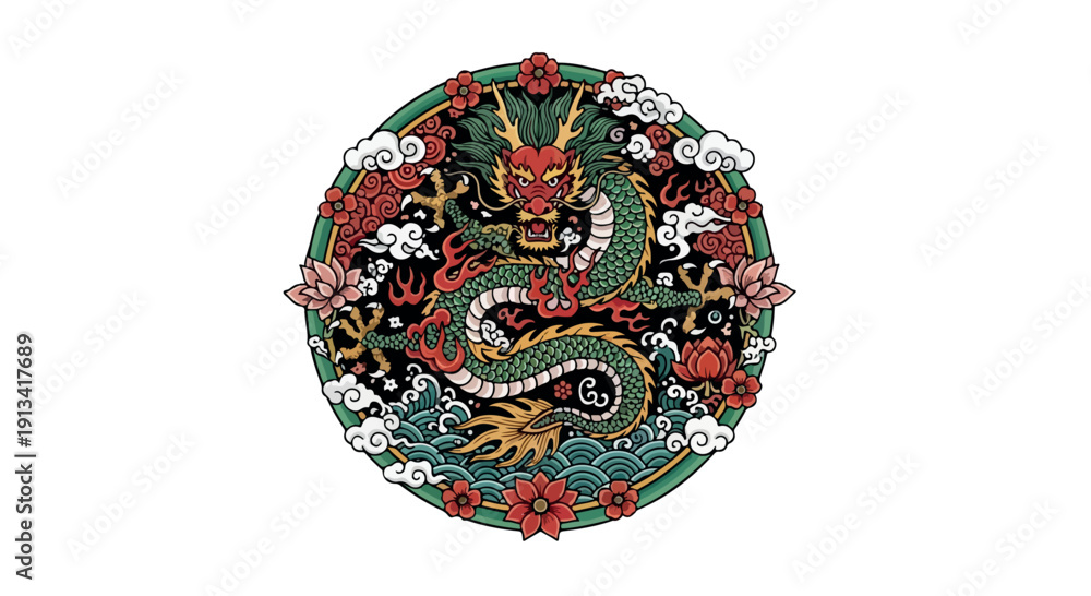 Fototapeta premium A colorful dragon design with red, green, and white details, surrounded by flowers and clouds on a circular pattern against a white background.