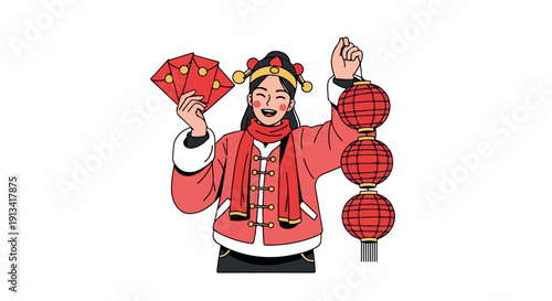 Illustration of a smiling woman in traditional Chinese attire holding red envelopes and raising her hand with red lanterns beside her on a white background.