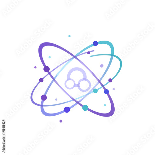 Atomic science symbol featuring a 3d molecular model with blue electron orbits and a nuclear neutron sphere on a black background design