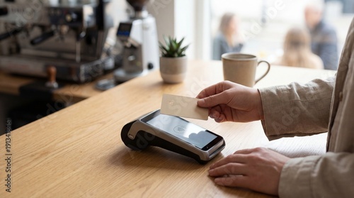 Person using contactless payment with credit card on a mobile payment terminal at a wooden table in a cafe with blurred background of people and coffee equipment