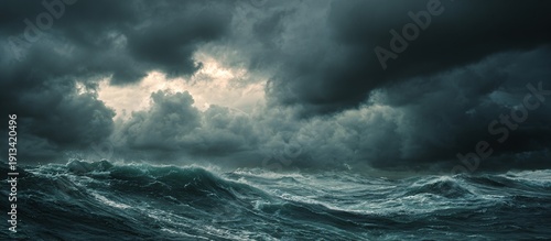 A dramatic stormy seascape with dark clouds gathering over a turbulent ocean, lightning illuminating the sky
