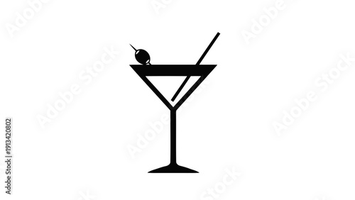 Vector illustration of black silhouette icon of a martini cocktail glass with olive and straw, on a transparent background