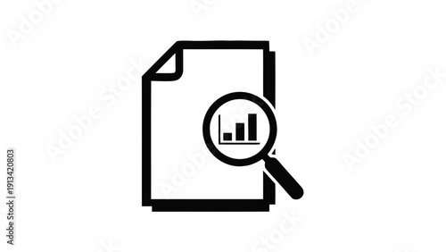 Vector illustration of icon representing document analysis, data review, financial report inspection, or business statistics examination with a magnifying glass on a transparent background