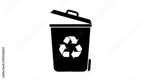 Vector illustration of black silhouette icon of a recycling bin with an open lid and the universal recycling symbol on the front, on a transparent background