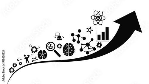 Vector illustration of concept of scientific progress and data growth illustrated by black icons on an upward trending arrow line on a transparent background