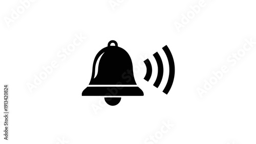 Vector illustration of black silhouette of a ringing alarm bell icon with sound waves, on a transparent background