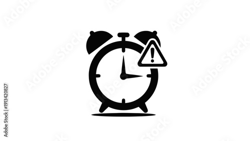 Vector illustration of alarm clock with warning sign icon, time management and deadline concept, simple black silhouette graphic on a transparent background