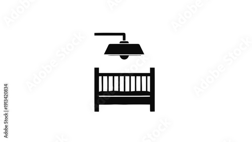 Vector illustration of simple black and white icon representing a crib or baby bed with a hanging lamp above it, suitable for nursery or baby care themes on a transparent background
