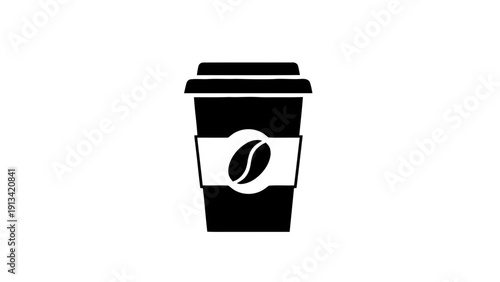 Vector illustration of black and white icon of a coffee to go cup with a coffee bean symbol on the sleeve on a transparent background