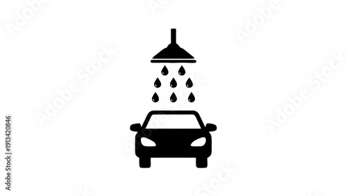 Vector illustration of car wash icon simple black silhouette of a car being washed under a shower head with water drops on a transparent background