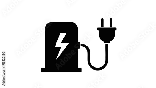Vector illustration of electric vehicle charging station icon with plug and lightning bolt symbol simple black silhouette on a transparent background