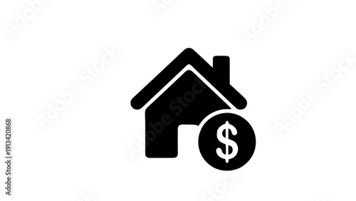 Vector illustration of black silhouette icon of a house with a dollar sign coin overlay, representing real estate investment on a transparent background