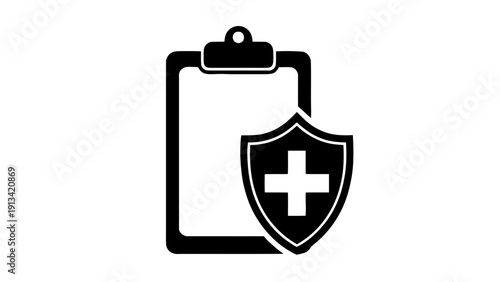 Vector illustration of medical insurance clipboard and shield icon for health protection and secure healthcare records on a transparent background