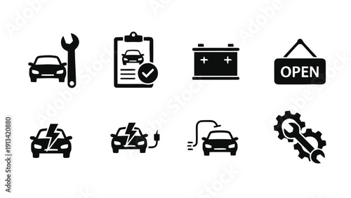 Vector illustration of set of car repair and maintenance icons wrench, checklist, battery, open sign, electric charging, washing, and gear service symbols on a transparent background