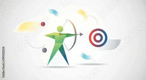 Geometric Archer Aiming at Target with Abstract Shapes and Circles - Success Concept