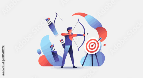 Archer aiming arrow at target for business goal and success vector illustration