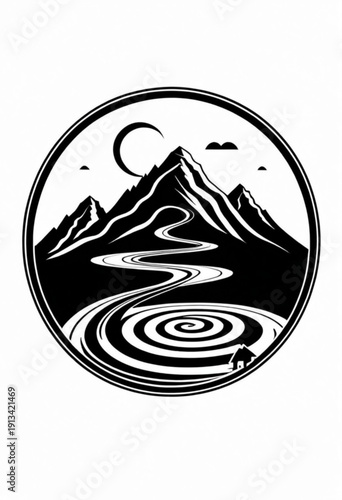 Mountainous Landscape with Moon and Swirls
