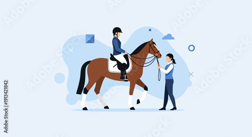 Equestrian coaching session with a rider on horseback and trainer assisting