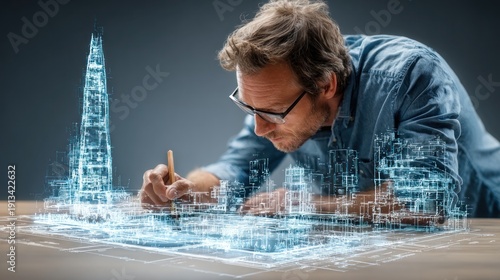 Architectural design hologram of a skyscraper and cityscape, an architect sketching on blueprint