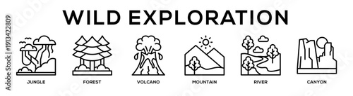  web banner icon vector illustration concept for business with icon of Jungle, Forest, Volcano, Mountain, River,.
