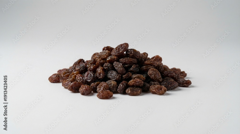 Fototapeta premium Delicious Dark Brown Raisins Pile on White Background, Healthy Snack Ingredient