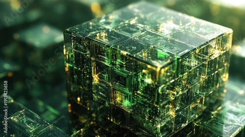 Abstract Digital Cube with Glowing Circuits.