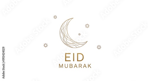 Elegant golden crescent moon stars and Eid Mubarak text