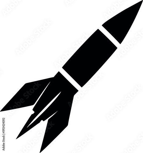 Solid Black Silhouette of a Rocket Ship Flying Diagonally Upward on a White Background Vector