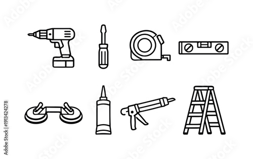 Home window installation tools: power drill, screwdriver, measuring tape, spirit level, suction cup lifter, sealant tube, caulking gun, step ladder.