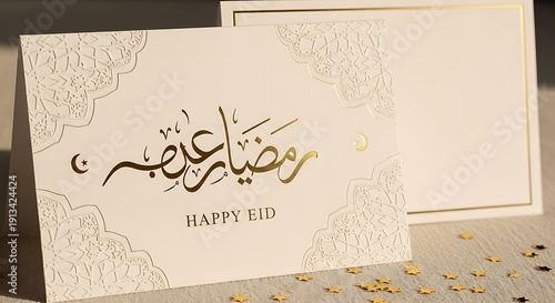 Elegant Happy Eid greeting card with gold calligraphy and confetti stars