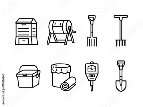 Home composting tools: compost bin, compost tumbler, pitchfork, aeration tool, kitchen caddy, biodegradable liner, moisture meter, garden shovel.