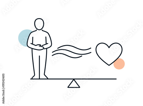 Mindful daily wellbeing routine and stress awareness in everyday work life focused on balance, a calm standing figure beside a heart and smooth breathing lines symbolizing