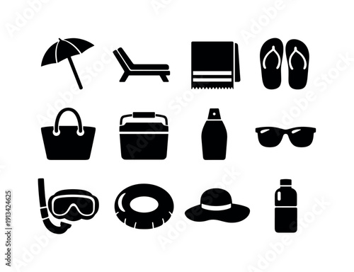 Outdoor beach gear: beach umbrella, sun lounger, beach towel, flip flop, beach bag, cooler box, sunscreen bottle, sunglasses, sun hat, snorkel mask, inflatable ring, water bottle.