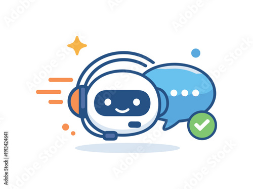AI-powered customer support and service automation in a digital business environment highlighting speed and reliability, a headset icon paired with a simplified chatbot face and a