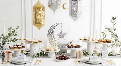 Elegant Ramadan table setting with lanterns and treats