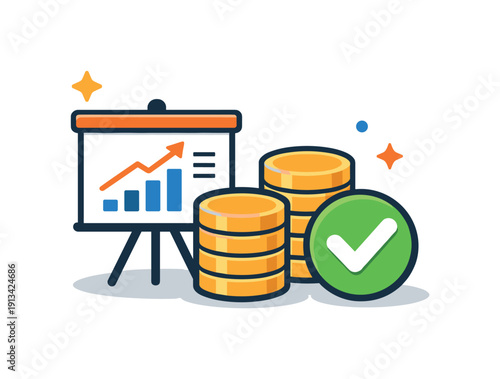 Startup funding readiness and financial planning for early-stage founders, a simple pitch deck icon paired with stacked coins and a checkmark representing preparedness and clarity,