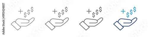 Benefit icon with multiple thick lines and blue color for illustration design with a hand and dollars. Vector illustration.