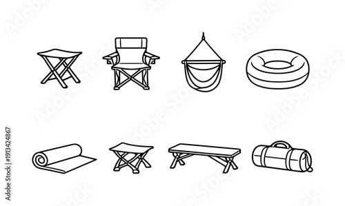 Outdoor camping seating gear: folding stool, camp chair, hammock chair, inflatable seat, ground pad, footrest stool, camp bench, carry bag.